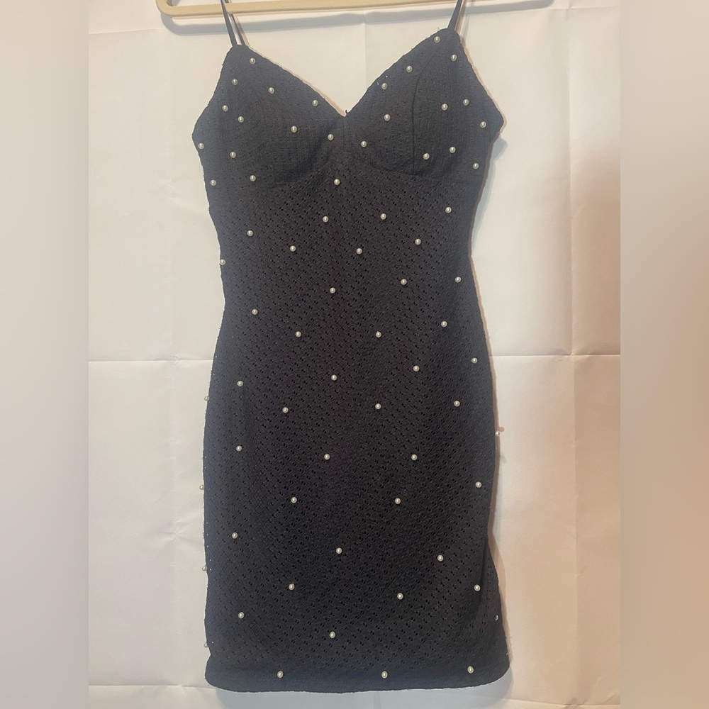 BCX Elegant Black Dress with Pearl Accents
